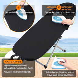 A compact travel ironing board designed for portability and ease of use