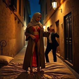 An elegant woman wearing a beautifully styled hijab, standing on a bed, showcasing her stiletto heels