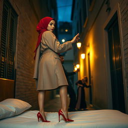An elegant woman wearing a beautifully styled hijab, standing on a bed, showcasing her stiletto heels