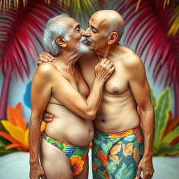 A surreal and humorous scene featuring a topless woman in a colorful thong passionately kissing an elderly Indian man