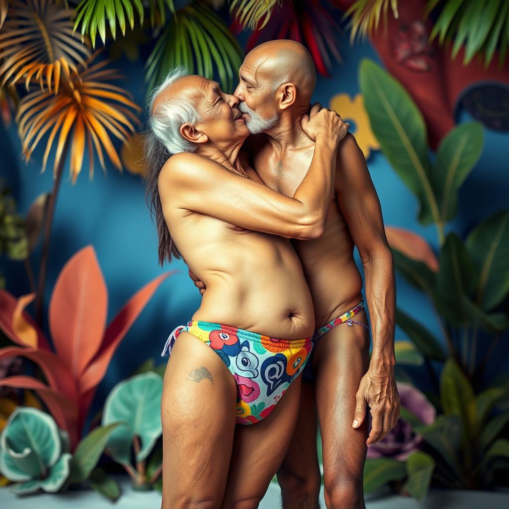 A surreal and humorous scene featuring a topless woman in a colorful thong passionately kissing an elderly Indian man