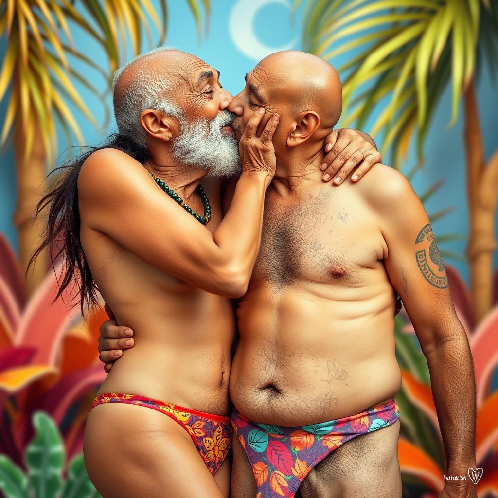 A surreal and humorous scene featuring a topless woman in a colorful thong passionately kissing an elderly Indian man