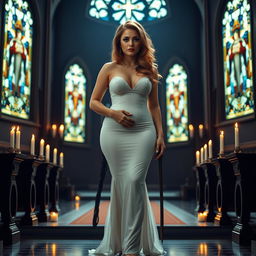 A full-length photograph of a sad yet beautiful 18-year-old woman with blond hair, showcasing a combination of sexy, sweet, and innocent beauty