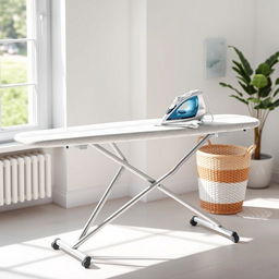 A modern ironing board design featuring a sleek, minimalistic metal frame and a soft, cushioned ironing surface