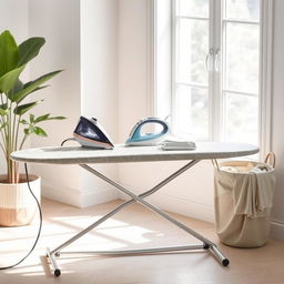 A modern ironing board design featuring a sleek, minimalistic metal frame and a soft, cushioned ironing surface