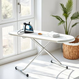 A modern ironing board design featuring a sleek, minimalistic metal frame and a soft, cushioned ironing surface