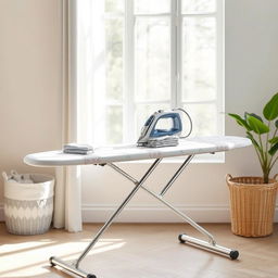 A modern ironing board design featuring a sleek, minimalistic metal frame and a soft, cushioned ironing surface