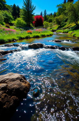 A serene and tranquil scene featuring flowing water in a lush green environment