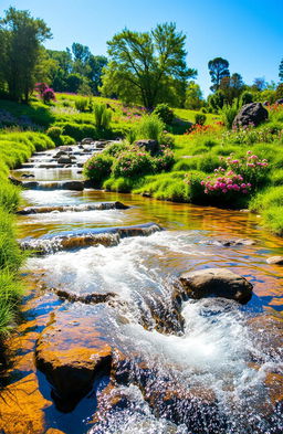 A serene and tranquil scene featuring flowing water in a lush green environment