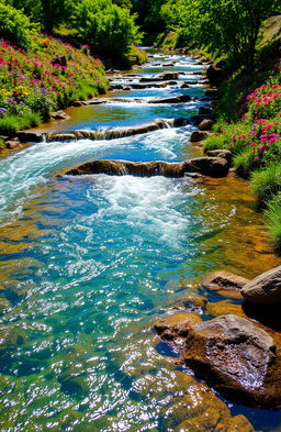 A serene and tranquil scene featuring flowing water in a lush green environment