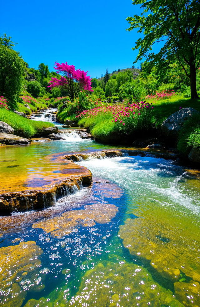 A serene and tranquil scene featuring flowing water in a lush green environment