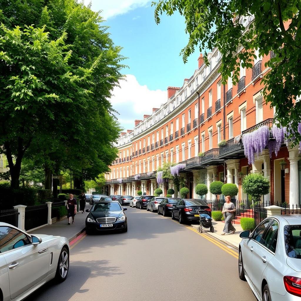 A picturesque scene in the Campden Hill area showcasing elegant four-storey brick and stucco frontages adorned with wrought-iron balconies