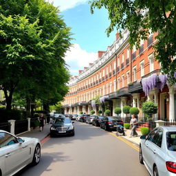 A picturesque scene in the Campden Hill area showcasing elegant four-storey brick and stucco frontages adorned with wrought-iron balconies