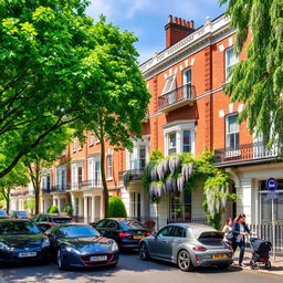 A picturesque scene in the Campden Hill area showcasing elegant four-storey brick and stucco frontages adorned with wrought-iron balconies