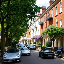 A picturesque scene in the Campden Hill area showcasing elegant four-storey brick and stucco frontages adorned with wrought-iron balconies