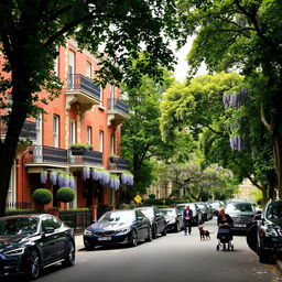 A picturesque scene in the Campden Hill area showcasing elegant four-storey brick and stucco frontages adorned with wrought-iron balconies