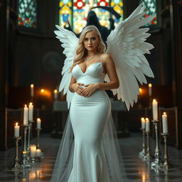 A full-length photograph of a sad yet stunning 18-year-old woman with blond hair, reflecting a sexy, sweet, and innocent essence