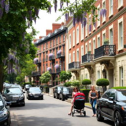 A picturesque view of the Campden Hill area featuring elegant four-storey brick and stucco frontages adorned with ornate wrought-iron balconies