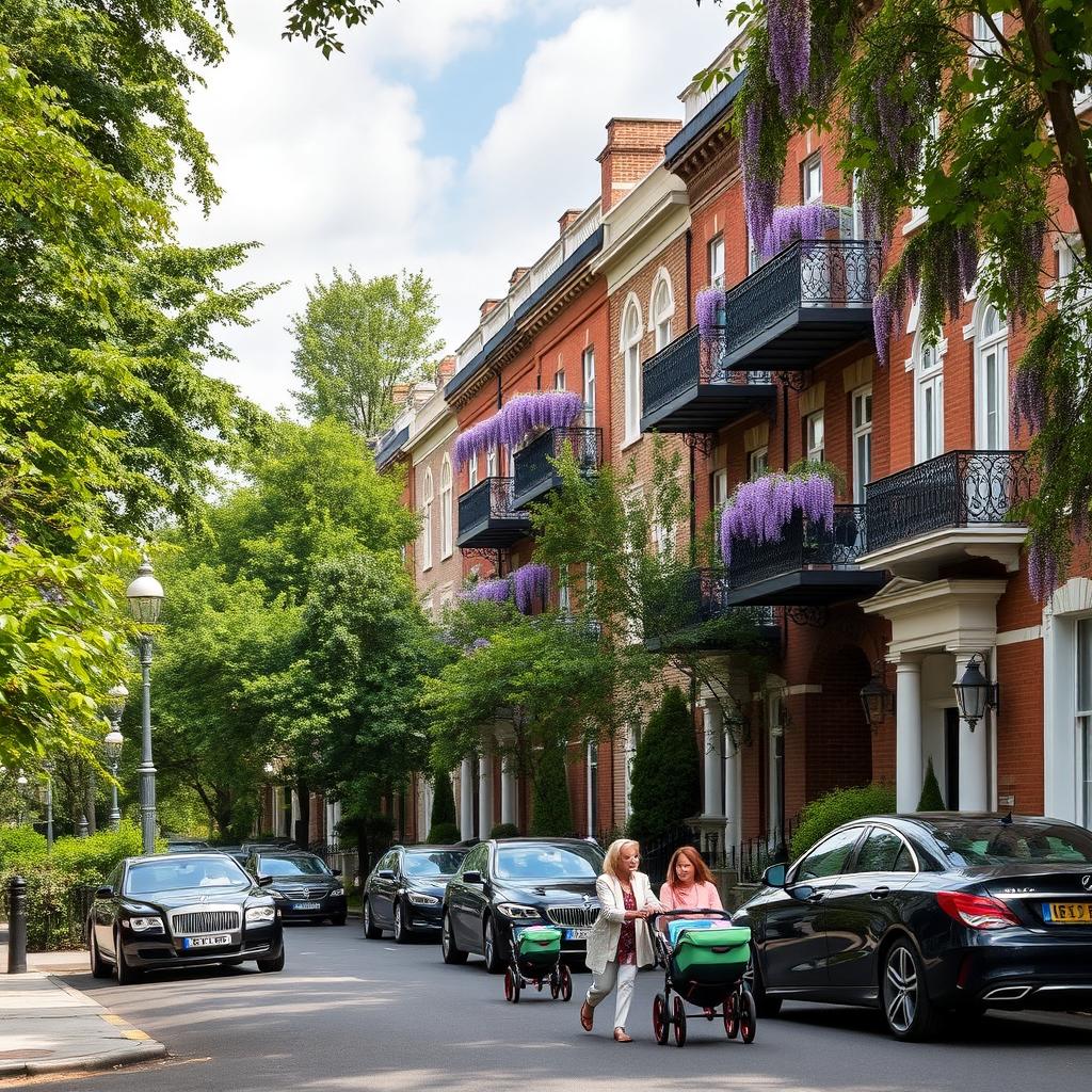 A picturesque view of the Campden Hill area featuring elegant four-storey brick and stucco frontages adorned with ornate wrought-iron balconies