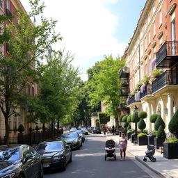 A picturesque view of the Campden Hill area featuring elegant four-storey brick and stucco frontages adorned with ornate wrought-iron balconies