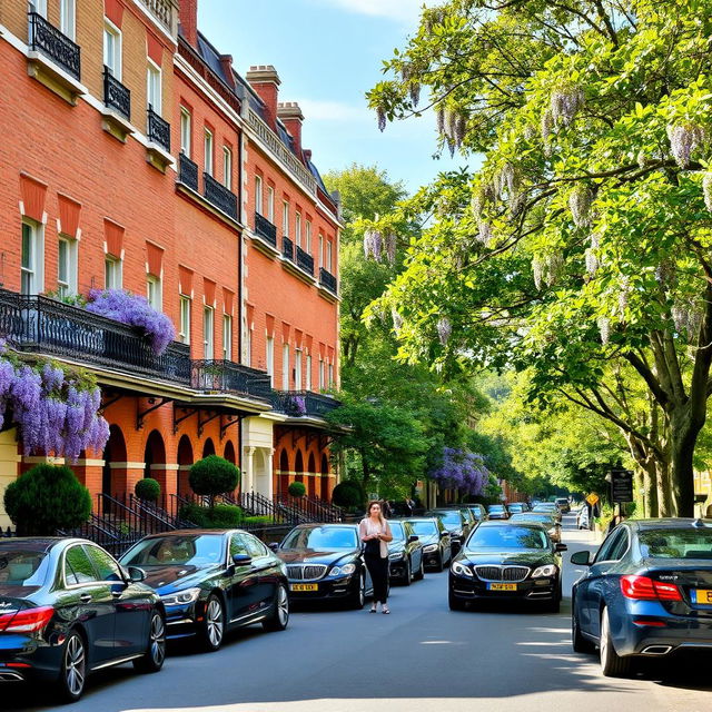 A picturesque view of the Campden Hill area featuring elegant four-storey brick and stucco frontages adorned with ornate wrought-iron balconies