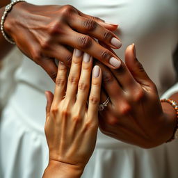 A close-up view of hands, intricately detailed, showcasing various skin tones and textures