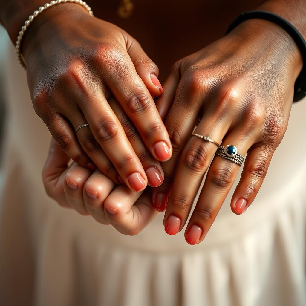 A close-up view of hands, intricately detailed, showcasing various skin tones and textures