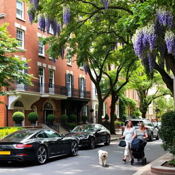 A charming street scene in the Campden Hill area, showcasing four-storey brick and stucco frontages adorned with elegant wrought-iron balconies