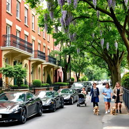 A charming street scene in the Campden Hill area, showcasing four-storey brick and stucco frontages adorned with elegant wrought-iron balconies