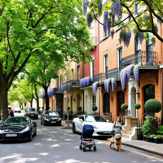 A charming street scene in the Campden Hill area, showcasing four-storey brick and stucco frontages adorned with elegant wrought-iron balconies