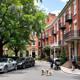 A charming street scene in the Campden Hill area, showcasing four-storey brick and stucco frontages adorned with elegant wrought-iron balconies