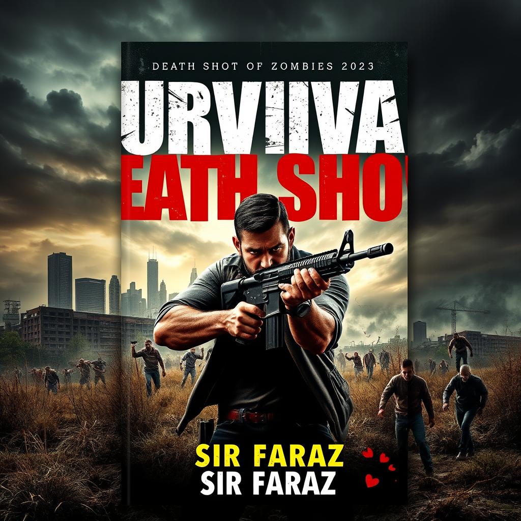 A gripping book cover design for 'Survival: Death Shot of Zombies' by Sir Faraz (2025)