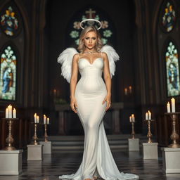 A full-length photograph of a sad yet stunning 18-year-old woman with blond hair, exuding a mix of sexy, sweet, and innocent charm