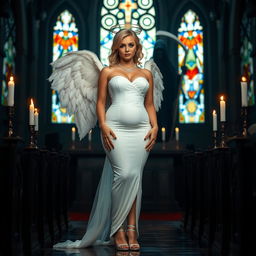 A full-length photograph of a sad yet stunning 18-year-old woman with blond hair, exuding a mix of sexy, sweet, and innocent charm