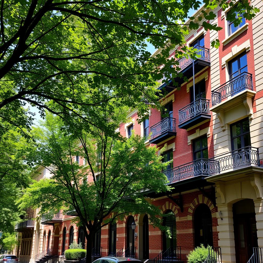 A picturesque view of the Campden Hill area, featuring elegant four-storey brick and stucco frontages adorned with wrought-iron balconies