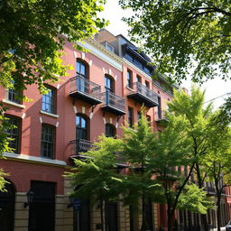 A picturesque view of the Campden Hill area, featuring elegant four-storey brick and stucco frontages adorned with wrought-iron balconies