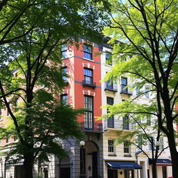 A picturesque view of the Campden Hill area, featuring elegant four-storey brick and stucco frontages adorned with wrought-iron balconies