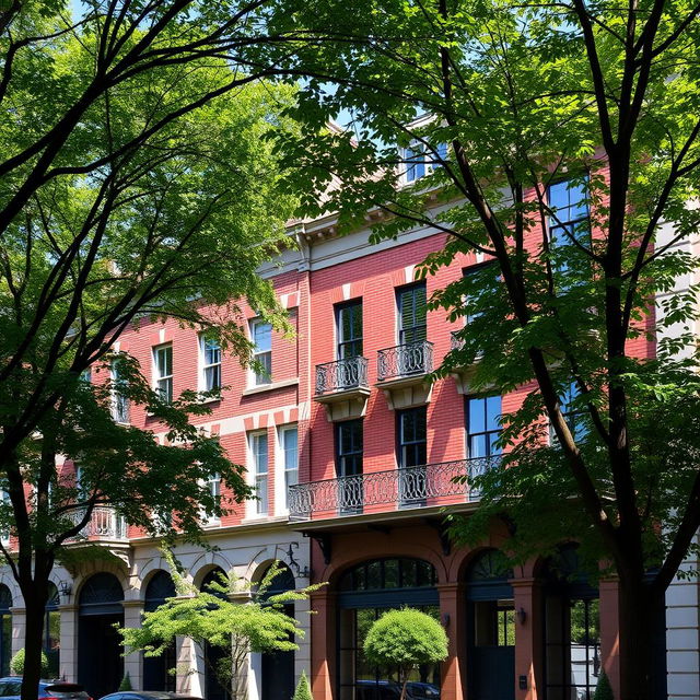 A picturesque view of the Campden Hill area, featuring elegant four-storey brick and stucco frontages adorned with wrought-iron balconies