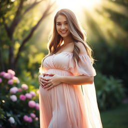A portrait of a beautiful pregnant woman standing in a serene setting