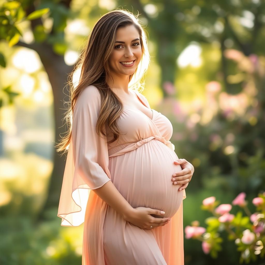 A portrait of a beautiful pregnant woman standing in a serene setting