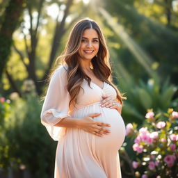 A portrait of a beautiful pregnant woman standing in a serene setting