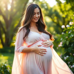 A portrait of a beautiful pregnant woman standing in a serene setting