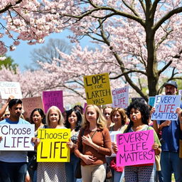 A compelling and thought-provoking scene illustrating a peaceful demonstration against abortion