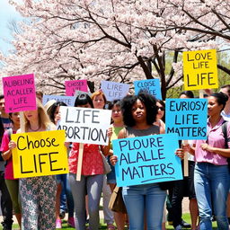A compelling and thought-provoking scene illustrating a peaceful demonstration against abortion