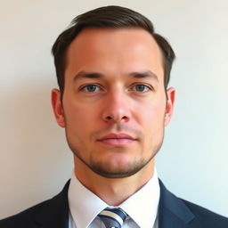 A professional passport size photo of a person without a beard, wearing a smart court tie