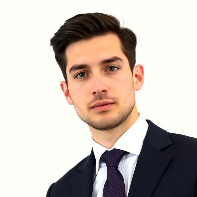 A professional passport size photo of a person without a beard, wearing a smart court tie