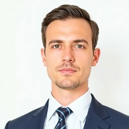 A professional passport size photo of a person without a beard, wearing a smart court tie