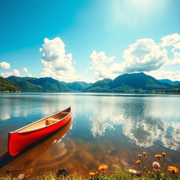 A serene landscape featuring a tranquil lake surrounded by lush green mountains under a clear blue sky, with fluffy white clouds drifting by