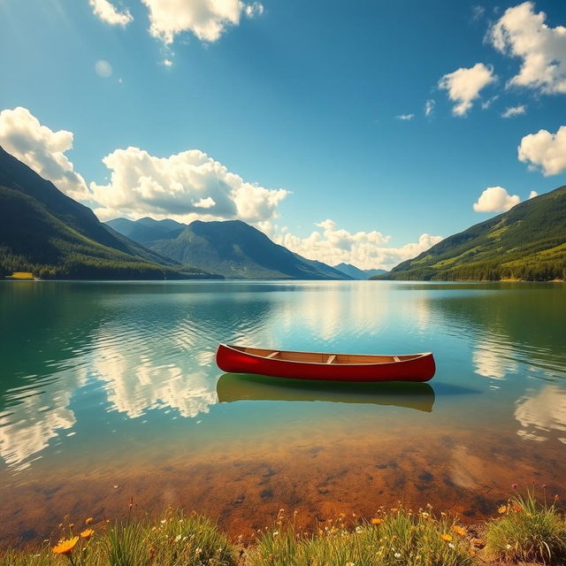 A serene landscape featuring a tranquil lake surrounded by lush green mountains under a clear blue sky, with fluffy white clouds drifting by