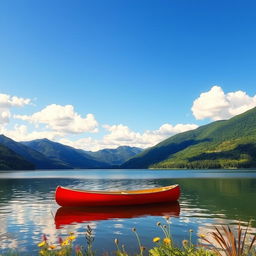A serene landscape featuring a tranquil lake surrounded by lush green mountains under a clear blue sky, with fluffy white clouds drifting by